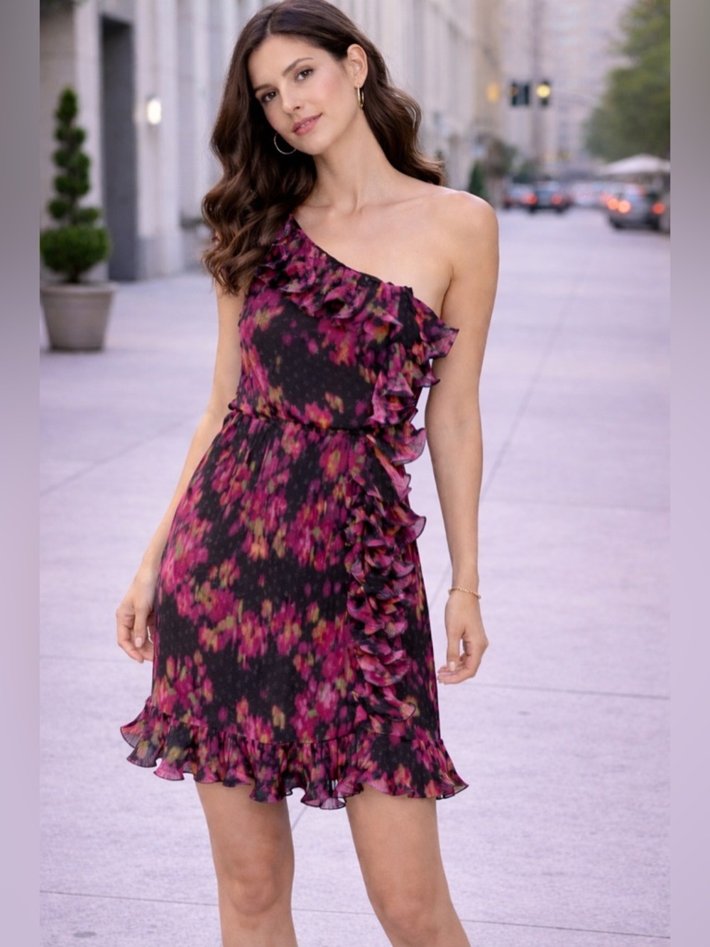 BCBGMaxAzria One-Shoulder Floral Ruffle Dress in Magenta and Black